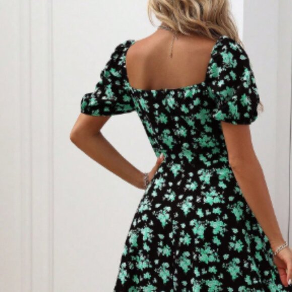 Women Boho Short Sleeve Dress Square Neck Knot Front Slit Thigh Dress L - Picture 6 of 7